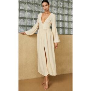 Commense Boho Lantern Beige Split Maxi Dress Plunge Button-Front X-Small XS NEW